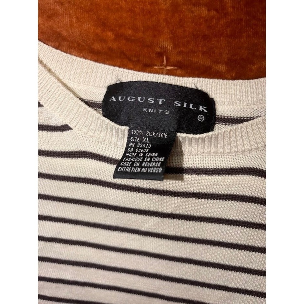 August Silk Knits Womens XL 100% Silk Striped Crewneck SweaterCreamBlack Striped - Picture 2 of 3